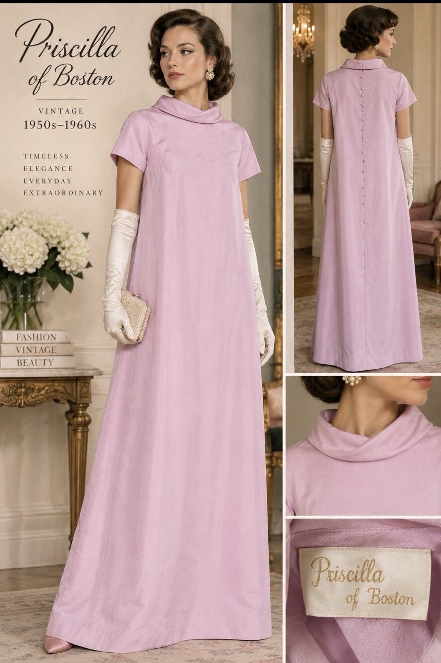 VTG 50s 60s Priscilla of Boston S/M Formal Maxi Gown Drape Neck Bridgeton Bride